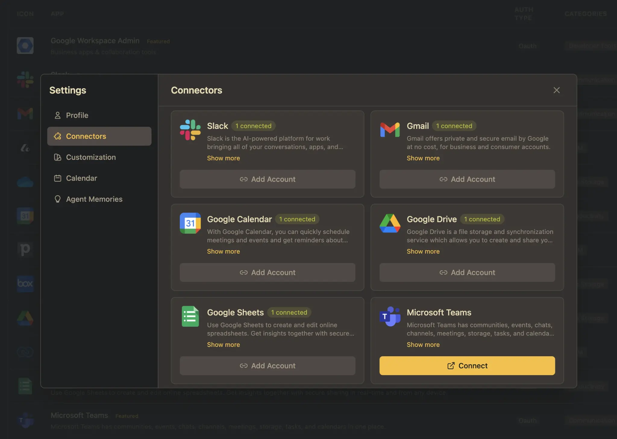 Chiri connectors panel showing Slack, Gmail, Google Calendar, Google Drive, Google Sheets, and Microsoft Teams connected